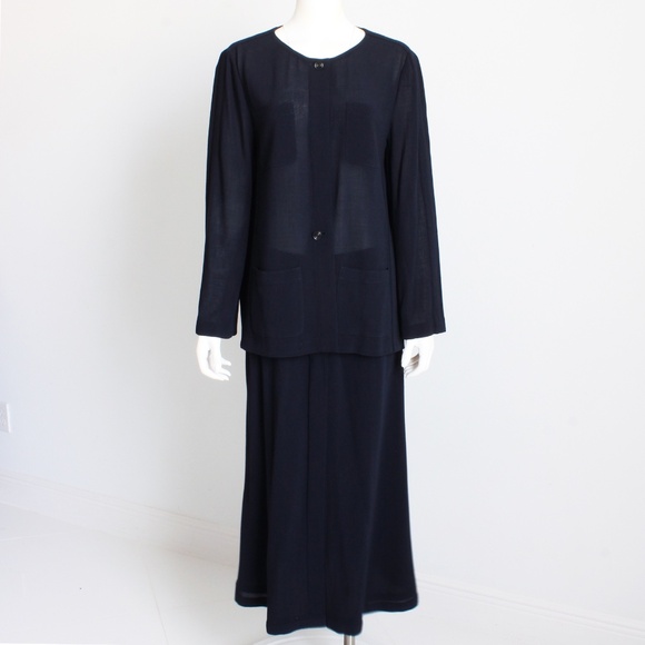 Chanel Jacket + Skirt Suit 2pc Sheer Wool Crepe Button Front Navy Blue 99P HTF - Picture 3 of 10
